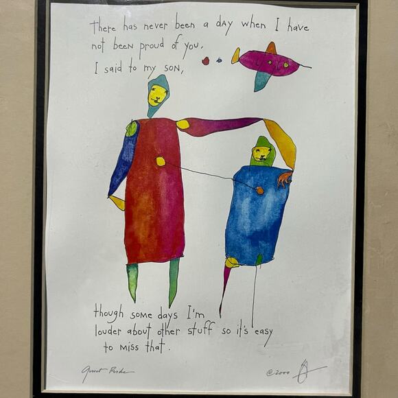 Y2K Quiet Pride Original Watercolor Parent Child Art Signed 2000 Framed - Picture 3 of 5